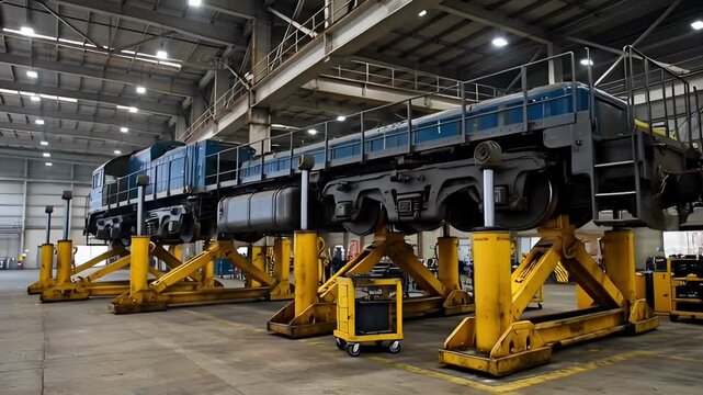 Aircraft assembly process inside industrial hangar with blue and yellow elements