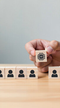 Artificial intelligence workforce adoption with wooden blocks, ai replacing jobs in modern office, automation and employees restructuring, digital transformation workforce planning