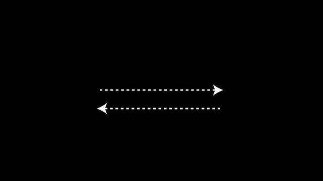 Right left side Dash line arrow direction icon with dotted line video animation on Black background. Dashed and dotted arrow animation. Animated dashed arrow pointing. 