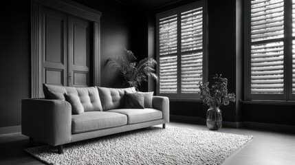Minimalist grayscale lounge with sofa, rug, and a single plant near a window against a bold wall