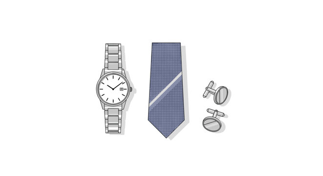 A silver wristwatch, a blue patterned necktie, and a pair of silver oval cufflinks are neatly arranged on a white background.