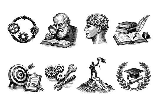 Collection of vintage illustrations representing business and education concepts