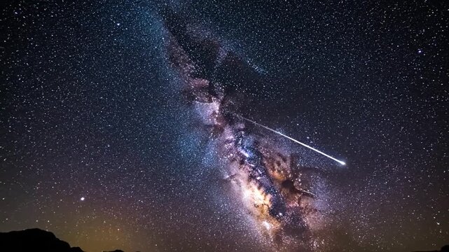 A streaking meteor in the Milky Way galaxy on a clear night.
