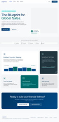 Obraz premium A clean, modern, and highly professional B2B landing page design for a financial SaaS platform. The visual mood is sophisticated and trustworthy, characterized by a crisp white background, deep navy 