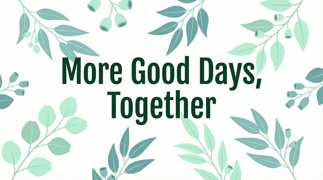 Horizontal graphic featuring More Good Days Together text. Green and teal botanical leaves pattern on white background. Positive mental health and wellness message