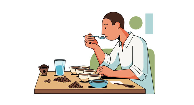 Man tasting coffee beans at a table.