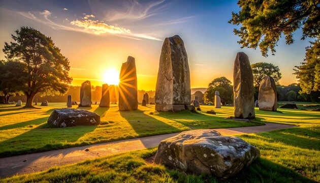Ancient Standing Stones at Sunrise, Majestic Megalithic Circle.