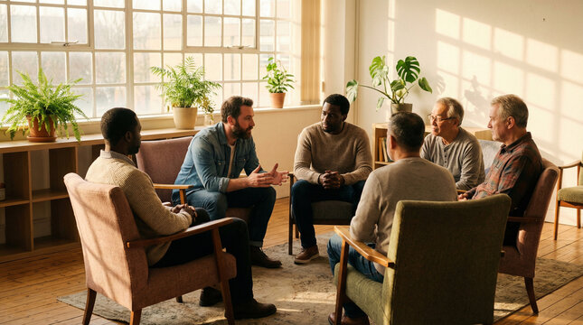 Diverse group of men sitting in circle during support group meeting. Male mental health awareness and group therapy concept