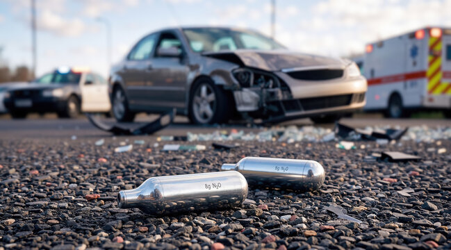 road accident scene with damaged car and scattered nitrous oxide capsules highlighting substance abuse risk and dangerous driving consequences