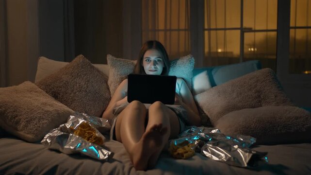 The Binge Watcher. Bed Rotting. Entertainment / Lifestyle. Wide shot of a woman reclining against a pile of plush pillows, staring at a tablet propped up on her knees, surrounded by snack wrappers
