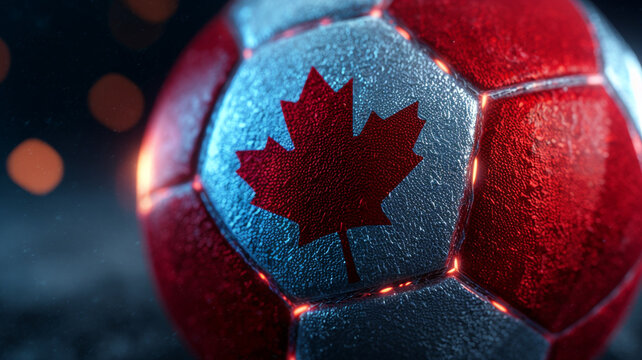 FIFA. a soccer ball with a large red maple leaf on a blue background. The background is blurry.