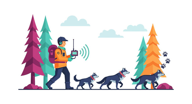Man with dogs tracking wildlife in forest using technology.