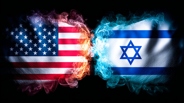 On the left is the US flag with red and white stripes and white stars on a blue background, on the right is the Israeli flag with a blue star of David on a white background. The flags are surrounded b