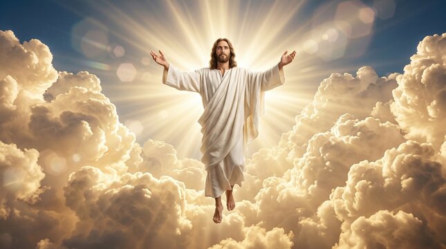 AI generated Jesus Christ ascension to heaven in radiant golden clouds
