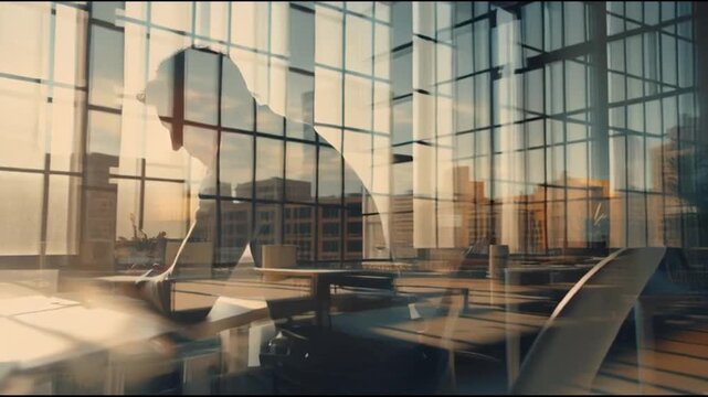 Modern workspace with layered time effect showing one person multitasking, visualizing productivity, focus, and workflow in a clean corporate environment.