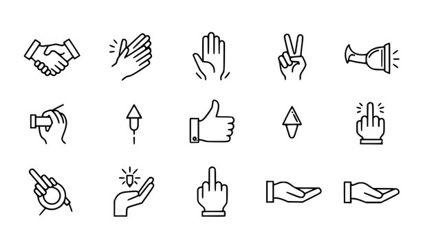 Minimal hand gesture line icons set handshake clapping victory thumbs up drag drop donation helping outline vector