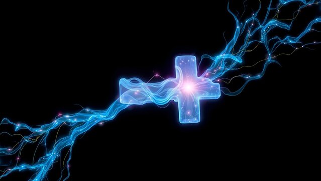 A central glowing plus sign connects to electrical blue tendrils of light flowing across the dark void horizontally.