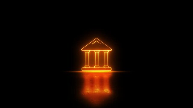 Neon glowing orange color bank building icon video animation on black background. Neon glowing bank building icon animation on black background Futuristic neon bank building home dollar icon.