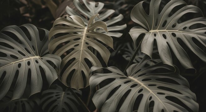 Close-up of Monstera Deliciosa Leaves - A Study in Botanical Beauty and Texture.