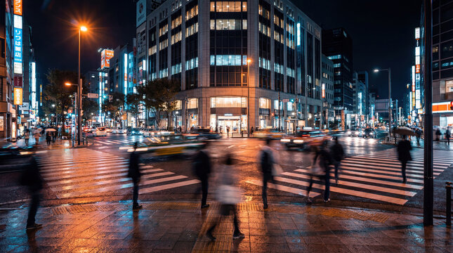 Tokyo ginza intersection blurring night city movement