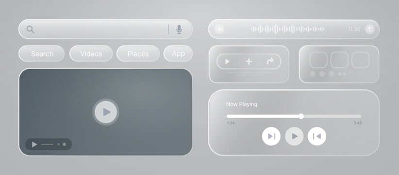 Minimal glassmorphism UI, UX for Media App. Neumorphic Interface Kit. UI, UX templates - bars, widgets, buttons, media players, tabs, cards, sliders for design Mobile Phone App. Vector graphic set