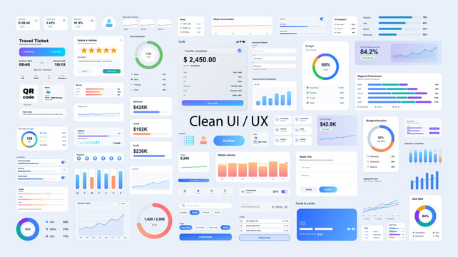 Clean minimal UI, UX Component Board with Dashboard Widgets. Universal interface elements for mobile phone app, website, dashboard. UI, UX, Kit for Web, App. Vector set - user interface graphic box