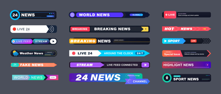 Broadcast News Lower Third Banner Set for Live TV Graphics. Colorful broadcast lower third banner collection with live, breaking, sport, weather, and world news labels for TV. Vector callouts set