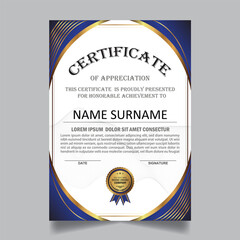 Obraz premium Professional certificate of appreciation template with modern blue and gold border, editable name placeholder, decorative badge, and stylish typography. Elegant certificate of appreciation template.