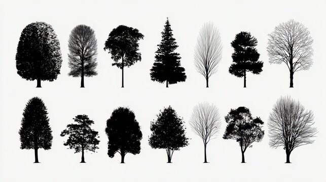 Monochrome tree silhouettes arranged in a clean graphic layout on white field