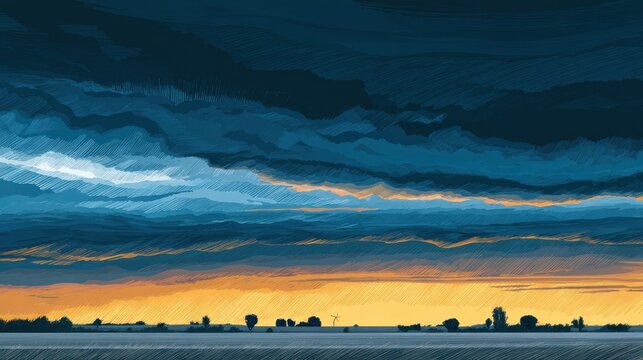 Moody atmospheric depiction of a cold front crossing a wide plain with stormy skies