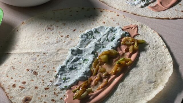 Spoon adding fried zucchini sticks onto a flatbread covered with pink and white sauces. Step-by-step preparation of a homemade shawarma or wrap.