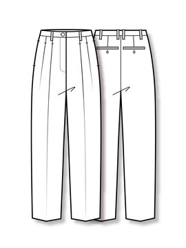 Women's two tuck trousers technical flat fashion sketch vector template illustration pleated pants front and back view tailored slacks classic formal apparel CAD drawing design mockup
