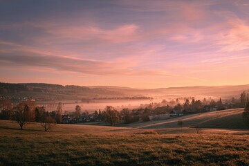 Fototapeta premium Morning mist over a rural hillside and sunrise rainbow