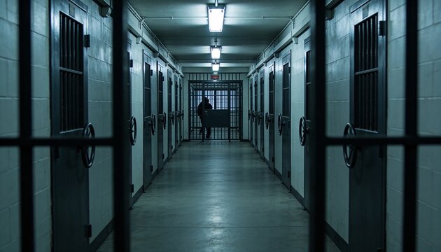 Standing silhouetted man wearing dark uniform holding box in detention corridor, cell doors