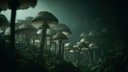 Fototapeta premium Mushrooms grow in a dark forest with soft light shining through the trees at dusk