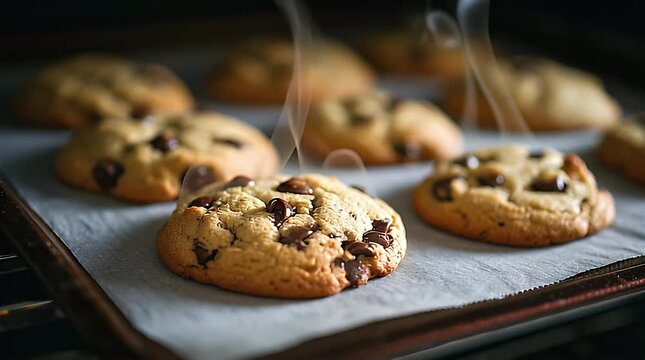 Chocolate chip cookies on baking sheet.