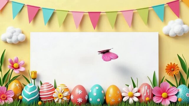 video of Easter-themed flyer with pastel pennant banners, fluffy clouds, and decorated eggs on pale yellow background
