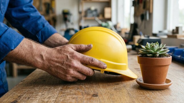 Worker placing yellow hard hat on wooden workbench in workshop, next to succulent plant, safety first