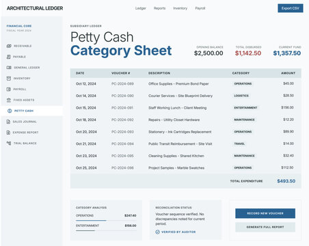 A clean, professional, and highly organized fintech dashboard interface for architectural firm management. The visual mood is authoritative yet accessible, utilizing a cool blue and white color 