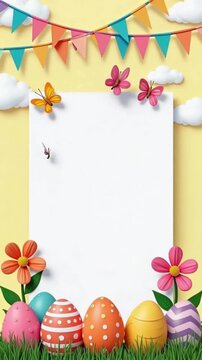 video of Easter-themed flyer with pastel pennant banners, fluffy clouds, and decorated eggs on pale yellow background