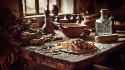 Fototapeta premium Rustic Kitchen Scene with Fresh Pasta, Rolling Pin, Vintage Utensils, and Natural Light Illuminating Traditional Cooking Setup