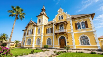 Fototapeta premium A large yellow house with a tall palm tree and blue sky