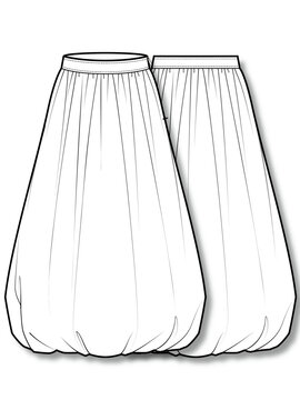 Women's long balloon skirt puff hem technical fashion flat sketch vector template illustration front and back view apparel CAD mockup
