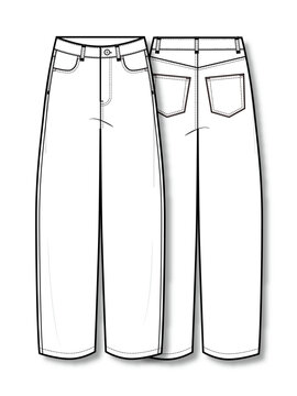 Women's high waisted barrel fit denim jeans tapered leg technical fashion flat sketch vector template illustration front and back view apparel CAD mockup
