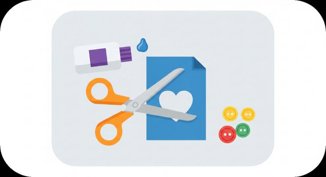 Graphic design elements with scissors cutting heart shape from paper colorful icons and editing tools on a light gray background