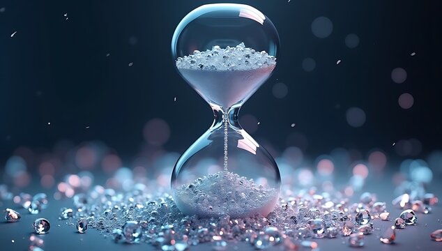 3D render of an hourglass filled with glittering diamonds instead of sand, transparent glass, dramatic lighting, premium aesthetic
