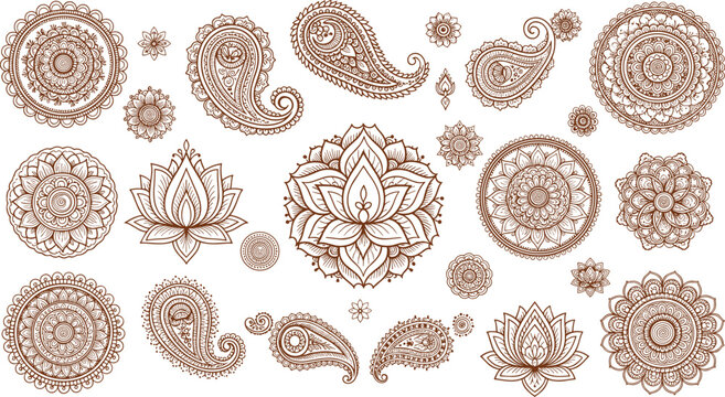 Intricate mehndi mandala and paisley ornament collection with floral elements traditional henna design vector set isolated