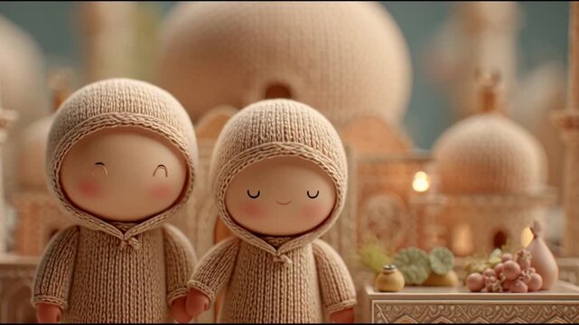 Cute figurines standing before a miniature mosque model, featuring soft lighting and playful animation, representing culture, creativity, and decorative storytelling.