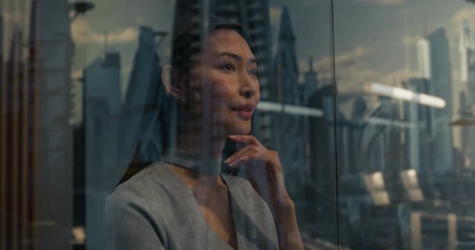 Asian Businesswoman Stands by a Panoramic Window in a Stylish High-rise Home Office, Looking at a Futuristic City, Flying Vehicles, Progress and Prosperity. Warm Cinematic Portrait