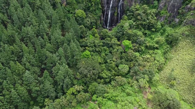 Drone shot revealing Bambarakanda, the highest waterfall in Sri Lanka. Cinematic forward movement with slow upward gimbal reveal. Stunning aerial perspective of cascading water and surrounding forest.